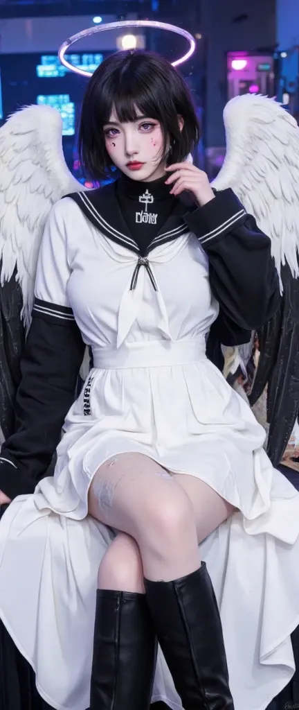 Black Hair,short hair,black eye,angel&#39;s wing,Black clothes,Gender unknown,Expressionless,The lines are a little rough, best quality, masterpiece, 748cmstyle,  1girl , angel wings, white skirt, glitch, halo, bandaid on leg, black hair, barcode, school u...