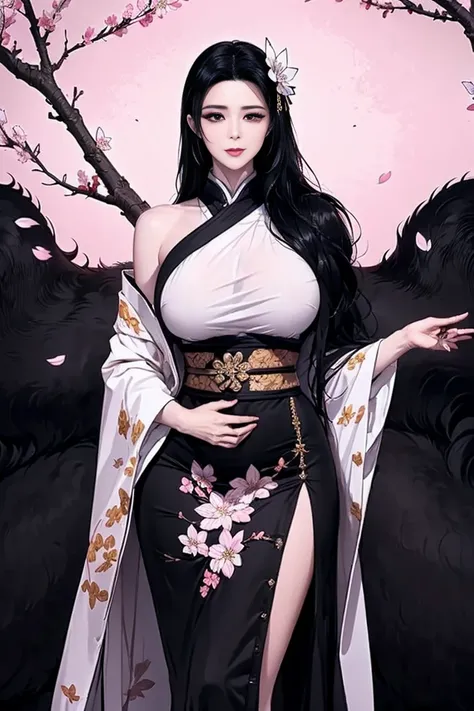 (best quality:2.0),(extremely detailed:2.0),(highly detailed:2.0),(Scene 4: Kijo Yasha, an oni (demon), wearing a flowing, cherry blossom-patterned kimono, her long black hair flowing freely in the wind, her crimson eyes glowing with a serene yet seductive...