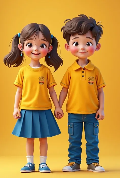 Create a preschool uniform, yellow with blue. Girls in skirts and boys in pants 