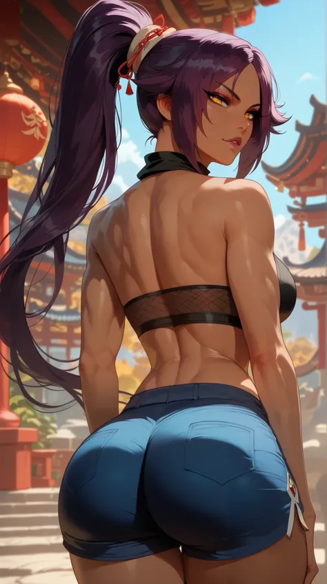 estilo Yoruichi Shihouin,  perfect eyes,  perfectly sexy face, ultra detailed,  ultra perfect eyes ,  big beautiful woman ,  rear view , dark blue shorts, Body,  looking at the spectator,