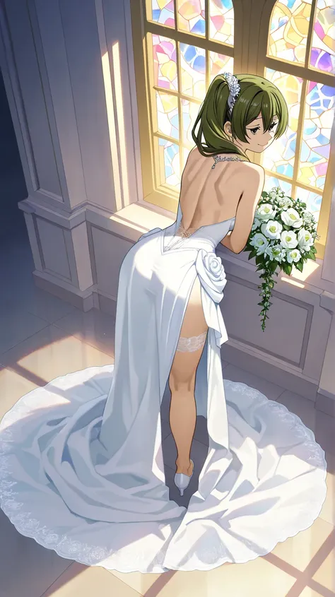 An anime-style illustration of Ubel from Frieren: Beyond Journey's End wearing a stunning white wedding dress. The dress is elegant and flowing, with intricate lace details and a high slit on one side, revealing her toned leg. Her green hair cascades beaut...