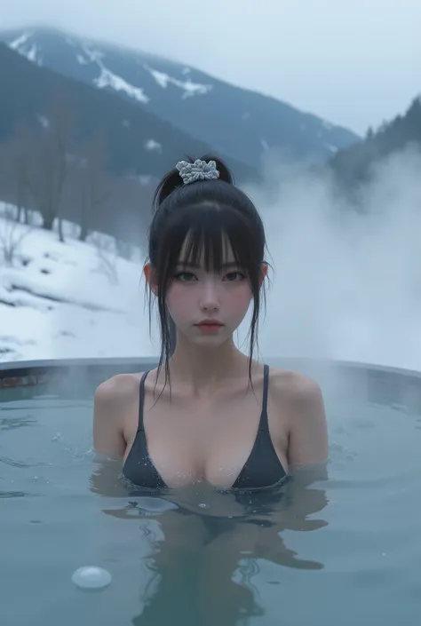  Japanese woman、 ponytail、 scrunchies、 black swimsuit、sweat、 under the breast、hot spring、snow、Soup、fog、live-action、 real 