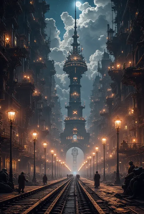 (Fantasy steampunk scene where crazy steampunk technicians work in a flashy, cool, gorgeous, and magical steam engine city)(Multiple legs for many steel structures、Tower of Steel  、A number of railroad tracks、brass、gear、 Light、 beautiful lighting arranged ...