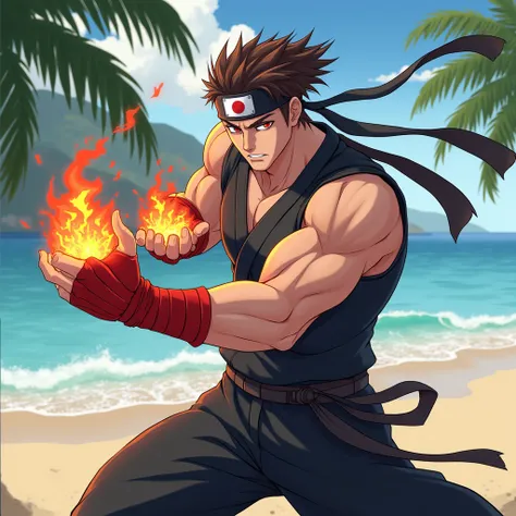 anime, 3d printing,  Male character, Muscles, in black clothes,  red stripes on the hands ,  this character is a fighter, He has brown hair, Eyes the color red like fire, Some fiery sparks emanate from your fists, He's punching the air, He has a long band ...