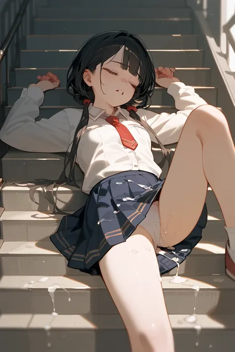   unconscious girl is lying on the stairs, stairs to schools   , The skirt has risen,   Dynamic pose , white panties,cum on skirt , legs spread 
