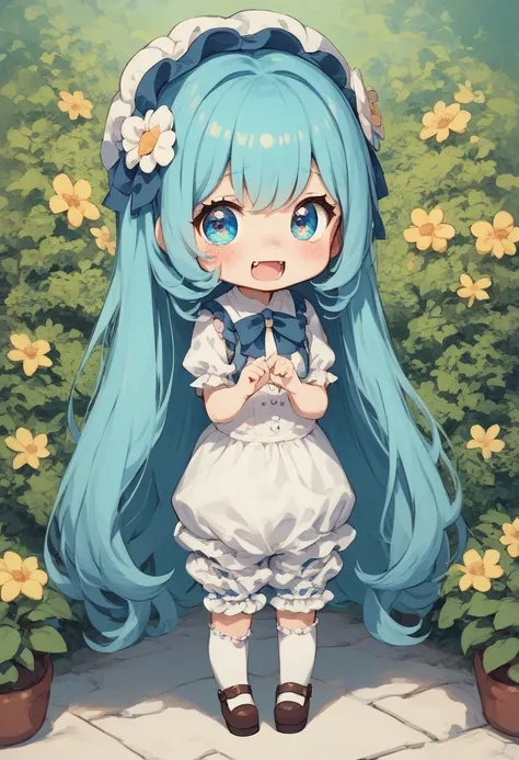  score_9,  score_8_ up,  score_7_ up,  best quality,  Fine section,  is cute ,  blue bloomer ,  chibi, :3,  are standing, shy, garden, Daisies, ãã©ã¹ 、 milky white and blue gradation hair color 、