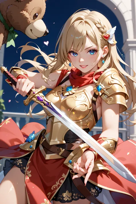 outdoor、 There is always a teddy bear next to a female swordsman wearing luxurious Western-style golden armor。Fighting by wielding a sword 。, Blonde、 long hair、Warm Light, Sparkling Effects , The light is shining 。 best quality、masterpiece、 glitter eff...