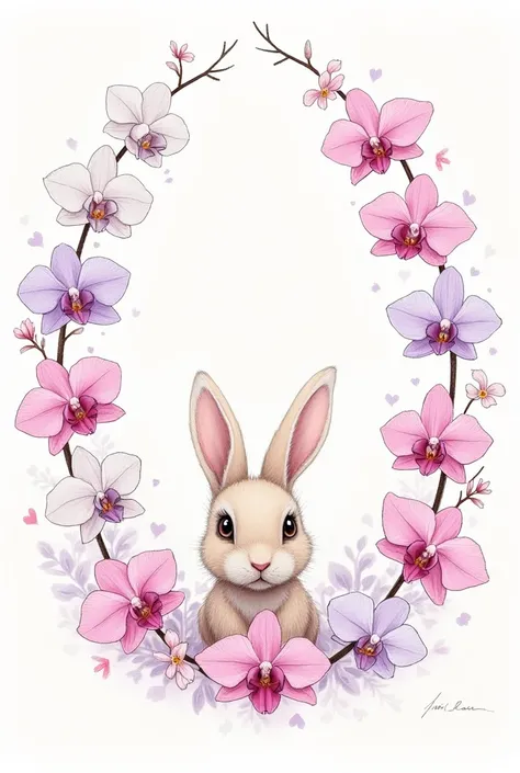 A sketch of a bunny surrounded by a frame of orchids 