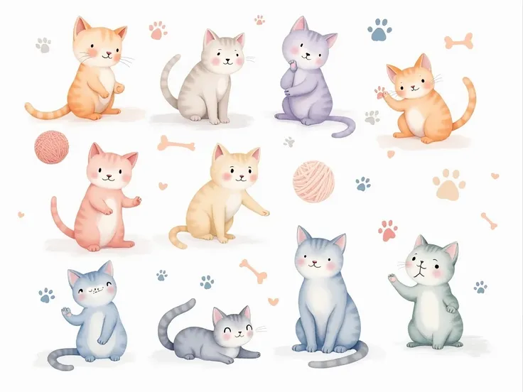 A collection of watercolor-style cats in various playful poses, each painted with soft pastel hues like peach, lavender, and sky blue. The cats are surrounded by delicate hand-painted details such as paw prints, fishbones, and yarn balls, creating a whimsi...