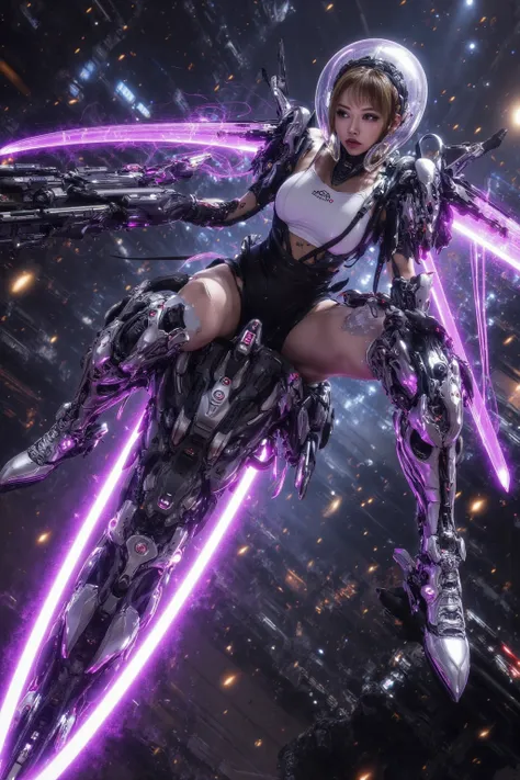 A gorgeous cyborg (cute, bubble helmet, violet sexy armor, violet eyes, rocket boots, rocket backpack and wings, big sci fi gun) striking a heroic pose as she flies through space stopping alien invaders
