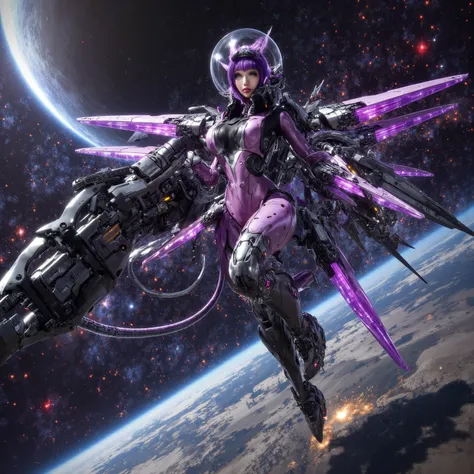 A gorgeous cyborg (cute, bubble helmet, violet sexy armor, violet eyes, rocket boots, rocket backpack and wings, big sci fi gun) striking a heroic pose as she flies through space stopping alien invaders
