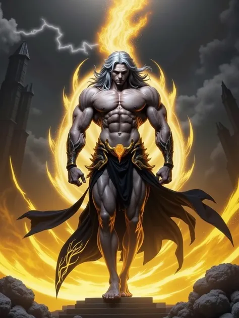 A highly muscular male figure resembling a powerful wizard or sorcerer, with long flowing gray-brown hair, depicted in a dramatic pose as if casting a spell. He is bare-chested, wearing metallic shoulder armor and a dark reddish-maroon robe that billows ar...