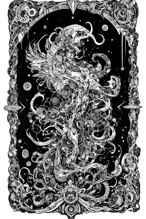 白色背景に黒色のインクで描かれた杖をついたSmoke Monster 🧌の絵, inspired screen print  ,  mixed style , white ink sketch on black paper,  graphic details ,  Indigenous Carvings , 高コントラストのWoodblock print, black and white sculpture ,  Delicate ink drawing details , on black paper, ...