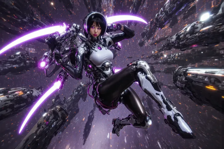 A gorgeous cyborg (cute, bubble helmet, violet sexy armor, violet eyes, rocket boots, rocket backpack and wings, big sci fi gun) striking a heroic pose as she flies through space stopping alien invaders
