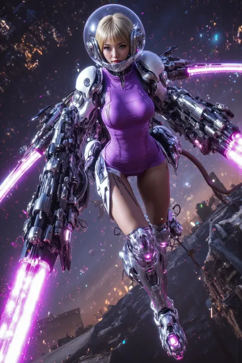 A gorgeous cyborg (cute, bubble helmet, violet sexy armor, violet eyes, rocket boots, rocket backpack and wings, big sci fi gun) striking a heroic pose as she flies through space stopping alien invaders
