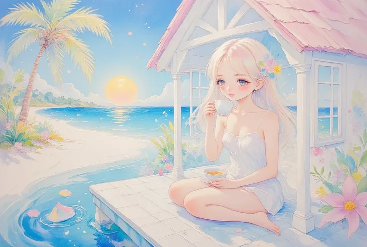 A cute woman is relaxing with a blank look on her face, drinking tea at a cafe on a beautiful water cottage. The white sand and the crystal clear blue-green sea, fusion of watercolor, acrylic and collage, conceptual installation art, ultra detailed, absolu...