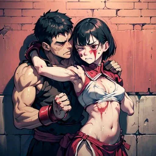 dynamic battle action, A man and a woman (((stand squarely facing each other))), (((She is protecting her face with her arms))). (((glaring at each other))), ((((She is driven up the wall by him))).  She looks exhausted, a (((bloodied))), (((crying))) cute...