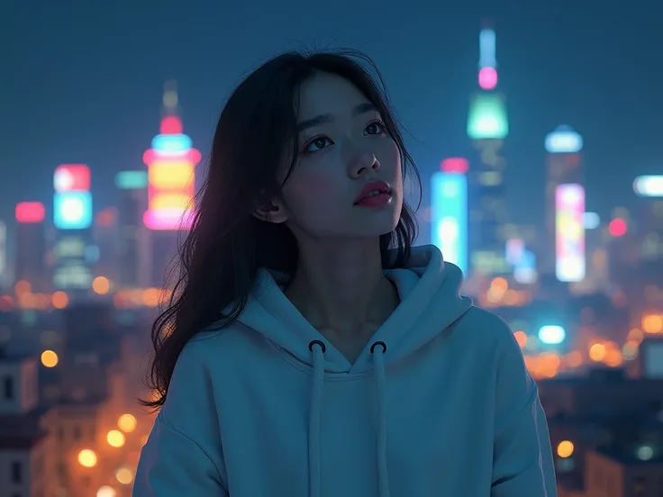 Take a picture of a girl wearing a white hoodie and a city lights up in the background