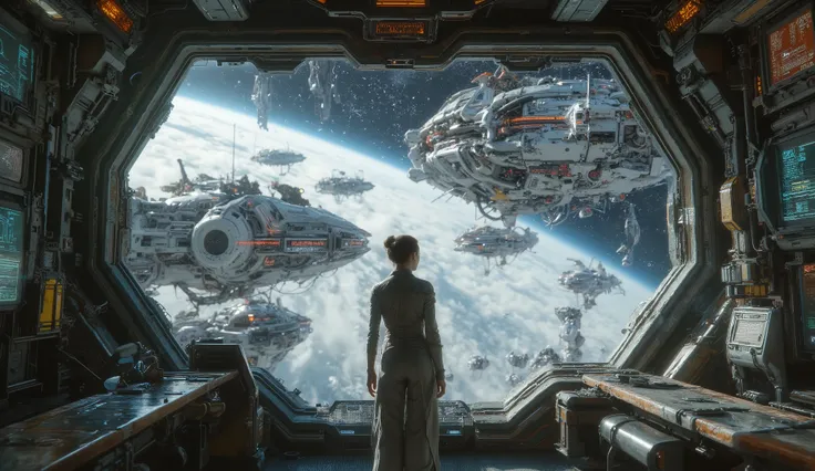 arafed view of a woman in a space station looking out the window, depicted as a scifi scene, looking at spaceships at dock, standing in a starbase bar, in a scifi movie, eve online movie still, looking off into the distance, in a futuristic arena, cinemati...