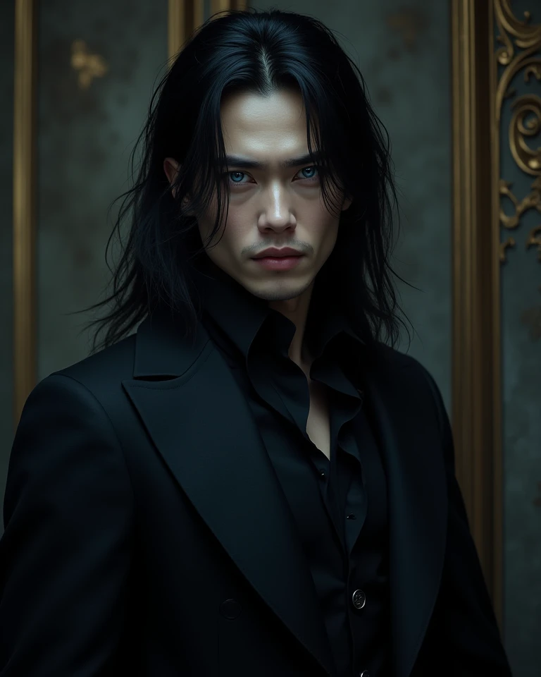 A man who appears to be 24 years old , vampiro,  with crystal blue eyes 
Long hair, Oriental,  in a sophisticated Gothic style
Athletic body, 