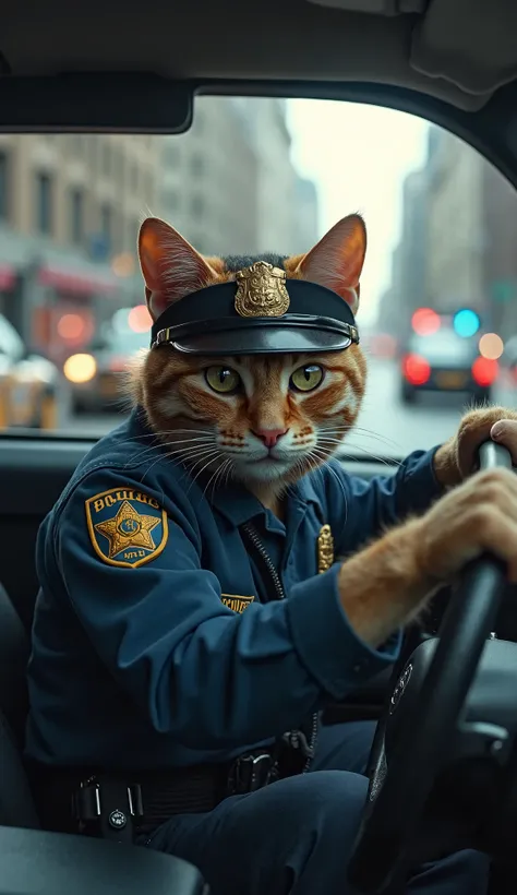 father cat drssed police uniform sedang mengendarai mobil, look when she is holding a car stir