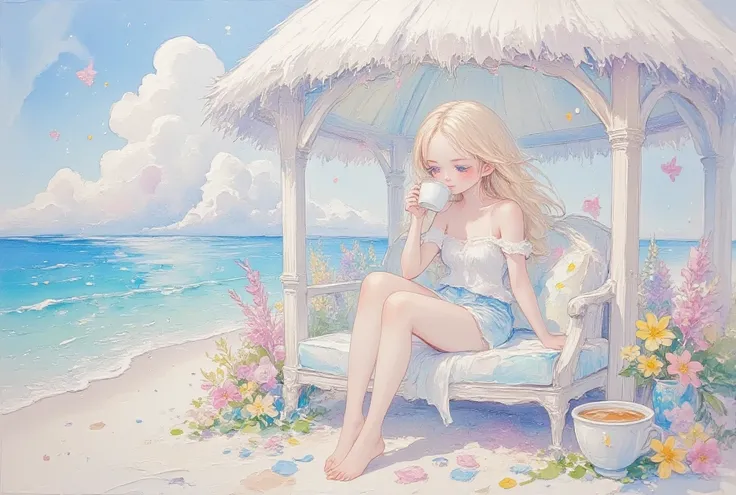 A cute woman is relaxing with a blank look on her face, drinking tea at a cafe on a beautiful water cottage. The white sand and the crystal clear blue-green sea, fusion of watercolor, acrylic and collage, conceptual installation art, ultra detailed, absolu...