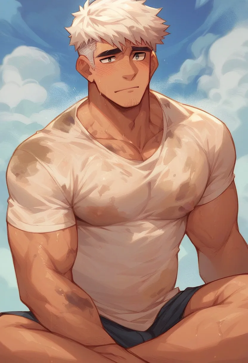 A fat old man ,  white hair ,  cute face fat body ,  short hair, Wear a beige shirt  , Stained with oil and dirty  , muscular,  wears flowery beach chorts ,  he is sitting on the sea sand 