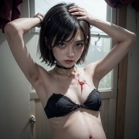  image of a female zombie (( Dead and Resurrected ))  Full Body Looking at You  , Facial deformity ,Wound Exposed  ,  best quality ， crying expression， Very many wounds and bleeding
，露出Armpits， Left Arm Raised High ，Dog collar ，，超級Flat chest，Breastless ，Su...