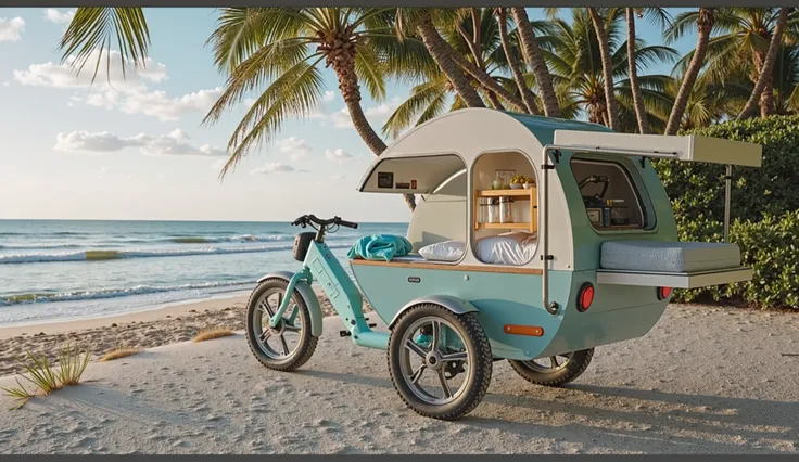 The image shows a compact, beachside camper setup built on a three-wheeled bicycle or tricycle. The camper has a sleek, modern design painted in light pastel blue and white, featuring a cozy bed and a small kitchenette area with open shelves. It's parked o...