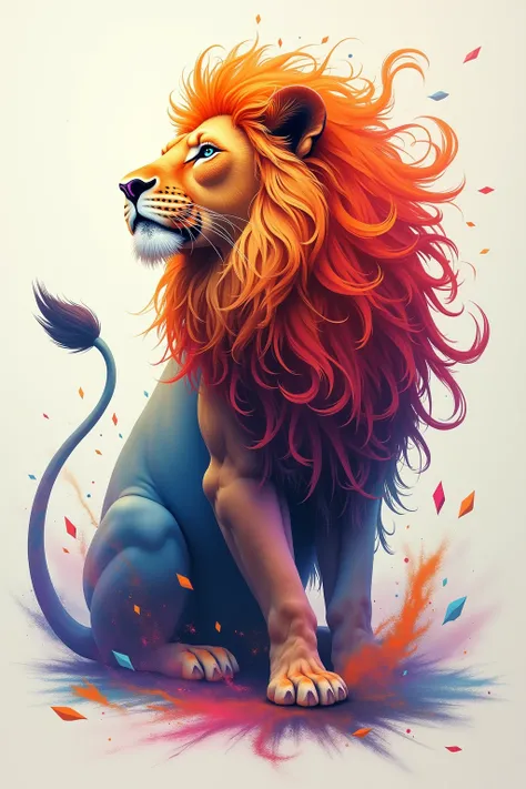 Image of an abstract lion with many colors that looks aesthetically beautiful to put in a painting, that is not hyper realistic but not completely animated either