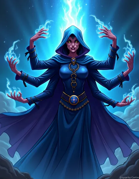  a close up of a cartoon character with a blue cape, corvo, villain pose, Supervillain sorceress , in dark purple robes, wiccano, dark goddess with six arms ,  this character has cryokinesis,  a meditating cyborg , pose do mal,  titans,   powerful woman si...