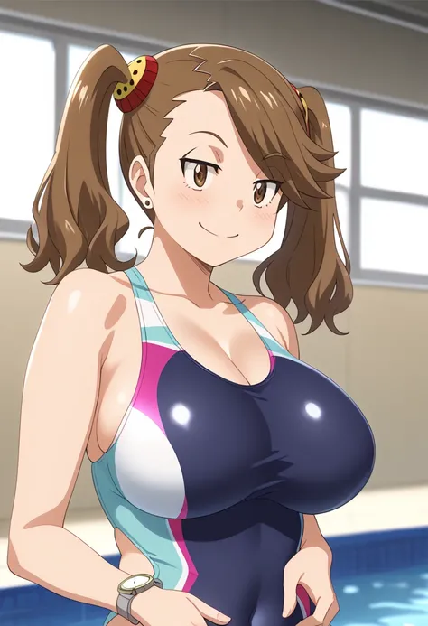  score_9,  score_8_ up,  score_7_ up,  anime screenshot, Break1girl, Kaoruko,  tea hair,  brown eyes,  Twin Tails,   hair ornament, 
 big breasts,  huge breasts ,デカすぎるもちもちおっぱい competitive swimsuit, competitive swimsuit,
 upper body, smile,  Watch viewers, ...