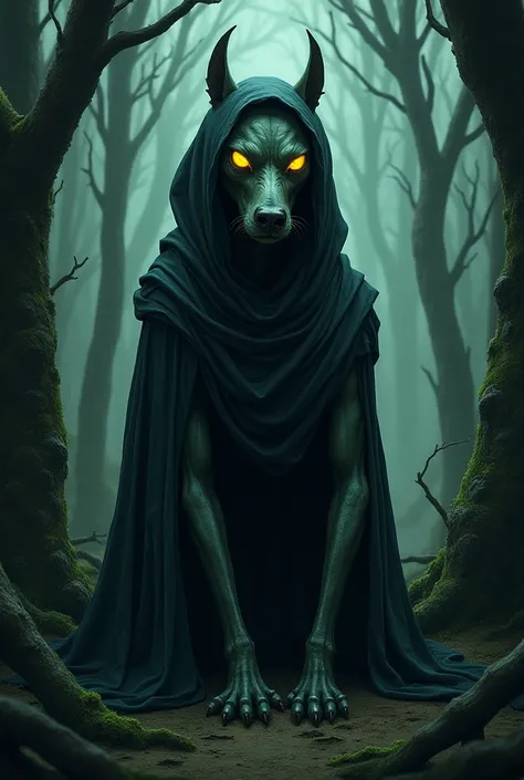 Jake the Dog
A shapeshifting creature with glowing yellow eyes and a serpentine form, wrapped in a robe of shifting, shadowy fabric. He sits in a haunted forest, his elongated limbs stretching unnaturally, blending into the twisted trees around him.