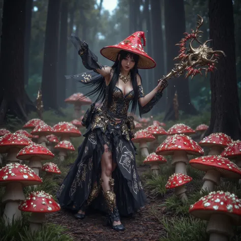 the mushroom sorcerers (cute, age 20, sexy mushroom themed gown with arcane symbols, mushroom hat, magic staff) is leading a horde of short Mushroom goblins into the enchanted forest, mystical moonlit night