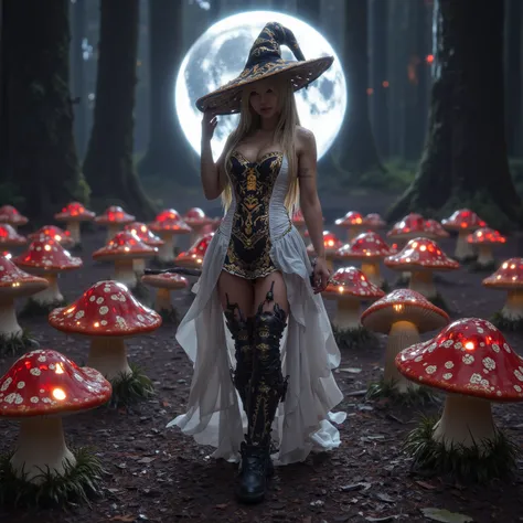 the mushroom sorcerers (cute, age 20, sexy mushroom themed gown with arcane symbols, mushroom hat, magic staff) is leading a horde of short Mushroom goblins into the enchanted forest, mystical moonlit night