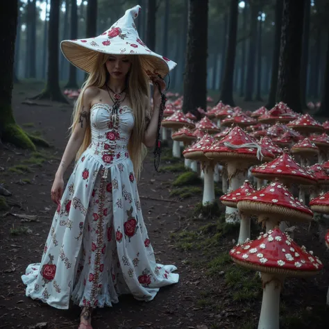 the mushroom sorcerers (cute, age 20, sexy mushroom themed gown with arcane symbols, mushroom hat, magic staff) is leading a horde of short Mushroom goblins into the enchanted forest, mystical moonlit night