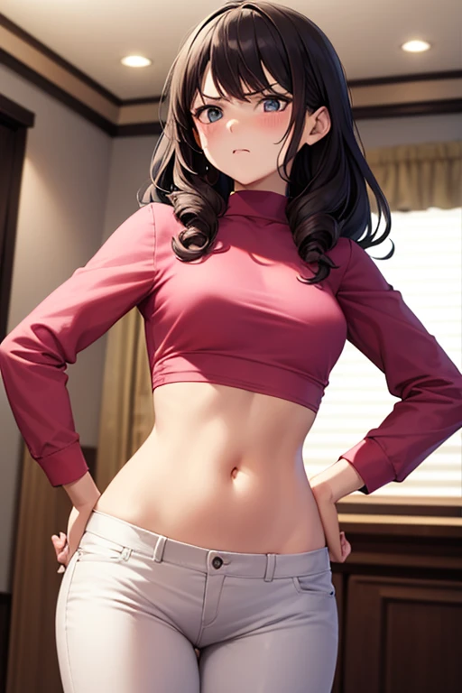 super fine illustration, vibrant colors, masterpiece, sharp focus, best quality, depth of field, cinematic lighting, ultra detailed, crop top, long sleeves, slim pants, navel, bellybutton, belly button, tummy, 1 woman, solo, milf, slender, blush, annoyed, ...