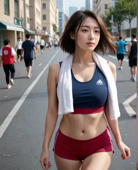 (Photorealistic), (Photorealistic), (Photorealistic), (Photorealistic), Raw photo, realistic, Very detailed, (High resolution), One Woman, Outside, Cityscape, Sports bra, Bob Hair, Older sister, Good structure, stomach, Smooth Hair, (Korean beauty:1), (Jap...