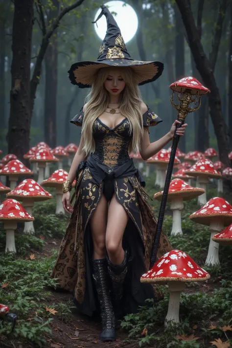 the mushroom sorcerers (cute, age 20, sexy mushroom themed gown with arcane symbols, mushroom hat, magic staff) is leading a horde of short Mushroom goblins into the enchanted forest, mystical moonlit night