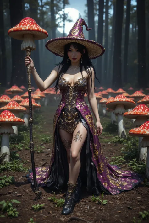 the mushroom sorcerers (cute, age 20, sexy mushroom themed gown with arcane symbols, mushroom hat, magic staff) is leading a horde of short Mushroom goblins into the enchanted forest, mystical moonlit night