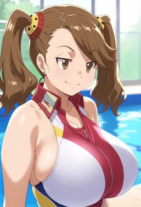  score_9,  score_8_ up,  score_7_ up,  anime screenshot, Break1girl, Kaoruko,  tea hair,  brown eyes,  Twin Tails,   hair ornament, 
, huge breasts ,デカすぎるもちもちおっぱい competitive swimsuit, competitive swimsuit,
 upper body, smile,  Watch viewers, Alone,School ...