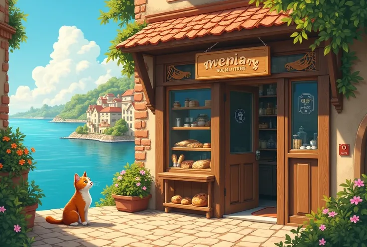 A small bakery on a hill in a European port city， Bread is lined up in front of the store， cat sitting in front of the store，wooden sign ，Blue Sea，Slope，Brick making， fantasy style ，Ghibli style， detailed depiction 