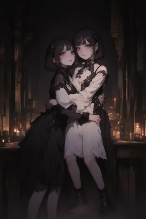 masterpiece, aesthetic, decadent, artistic, (2girl, twin sisters strangling each other, mysterious), gothic lolita, (1girl, short straight bob black hair, thick eyebrows, expression of weakness and fragility, feminine dress with cute lace at the bottom, on...