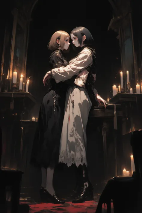 masterpiece, aesthetic, decadent, artistic, (2girl, twin sisters strangling each other, mysterious), gothic lolita, (1girl, short straight bob black hair, thick eyebrows, expression of weakness and fragility, feminine dress with cute lace at the bottom, on...