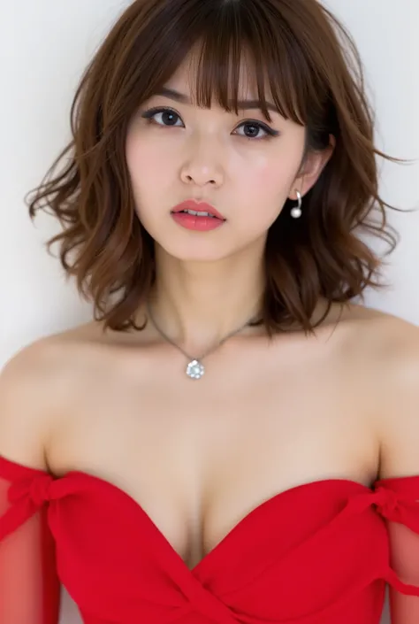 Beautiful Japanese woman 、、 She is wearing a red off-the-shoulder dress、濃い eyeshadow 、 、 Semi-long hairstyle、wavy hair 、   Light Brown Hair、 ear piercing、  Empty Expressions 、 necklace、 white background、
