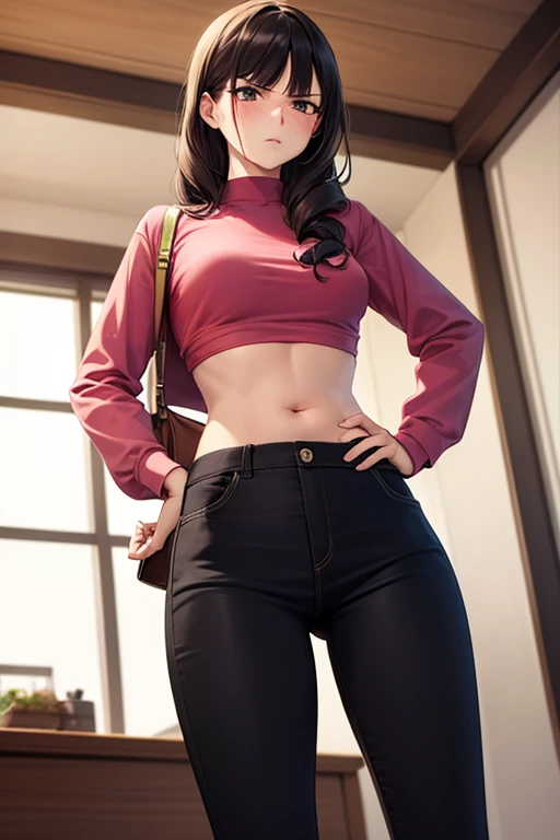 super fine illustration, vibrant colors, masterpiece, sharp focus, best quality, depth of field, cinematic lighting, ultra detailed, crop top, long sleeves, slim pants, navel, bellybutton, belly button, tummy, 1 woman, solo, milf, slender, blush, annoyed, ...