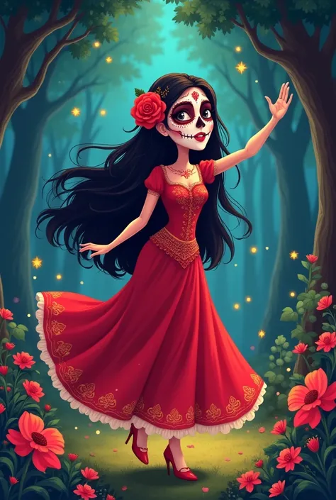  and her face is painted with a stylized skull .  She wears a vibrant red dress ,  with charming and shiny details .  A rose is stuck in her long, loose hair ,  and her face is painted with a stylized skull ,  but in a friendly and playful tone .  She danc...