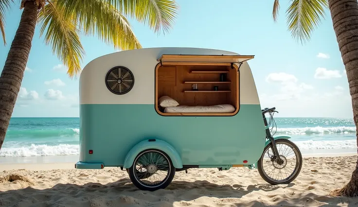 The image shows a compact, beachside camper setup built on a three-wheeled bicycle or tricycle. The camper has a sleek, modern design painted in light pastel blue and white, featuring a cozy bed and a small kitchenette area with open shelves. It's parked o...