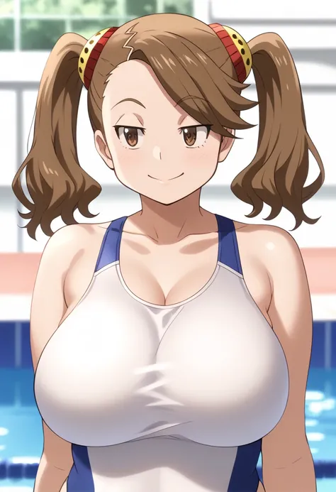  score_9,  score_8_ up,  score_7_ up,  anime screenshot, Break1girl, Kaoruko,  tea hair,  brown eyes,  Twin Tails,   hair ornament, 
 huge breasts ,デカすぎるもちもちおっぱい competitive swimsuit, competitive swimsuit,
 upper body, smile,  Watch viewers, Alone,School s...