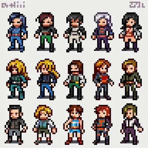 Five side-view pixel character designs, 8-bit, pixel art, full-body, dark color